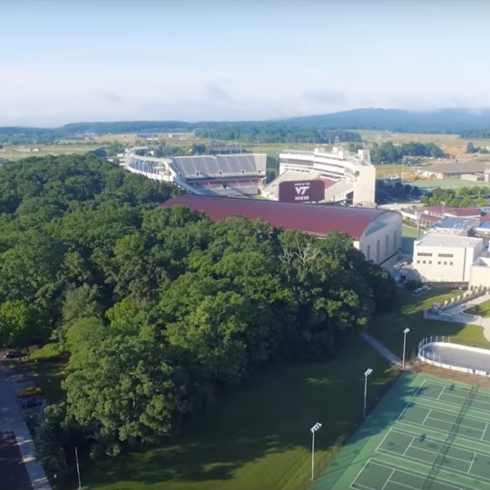 Aerial view of Stadium Woods and Virginia Tech campus by Chris Risch
